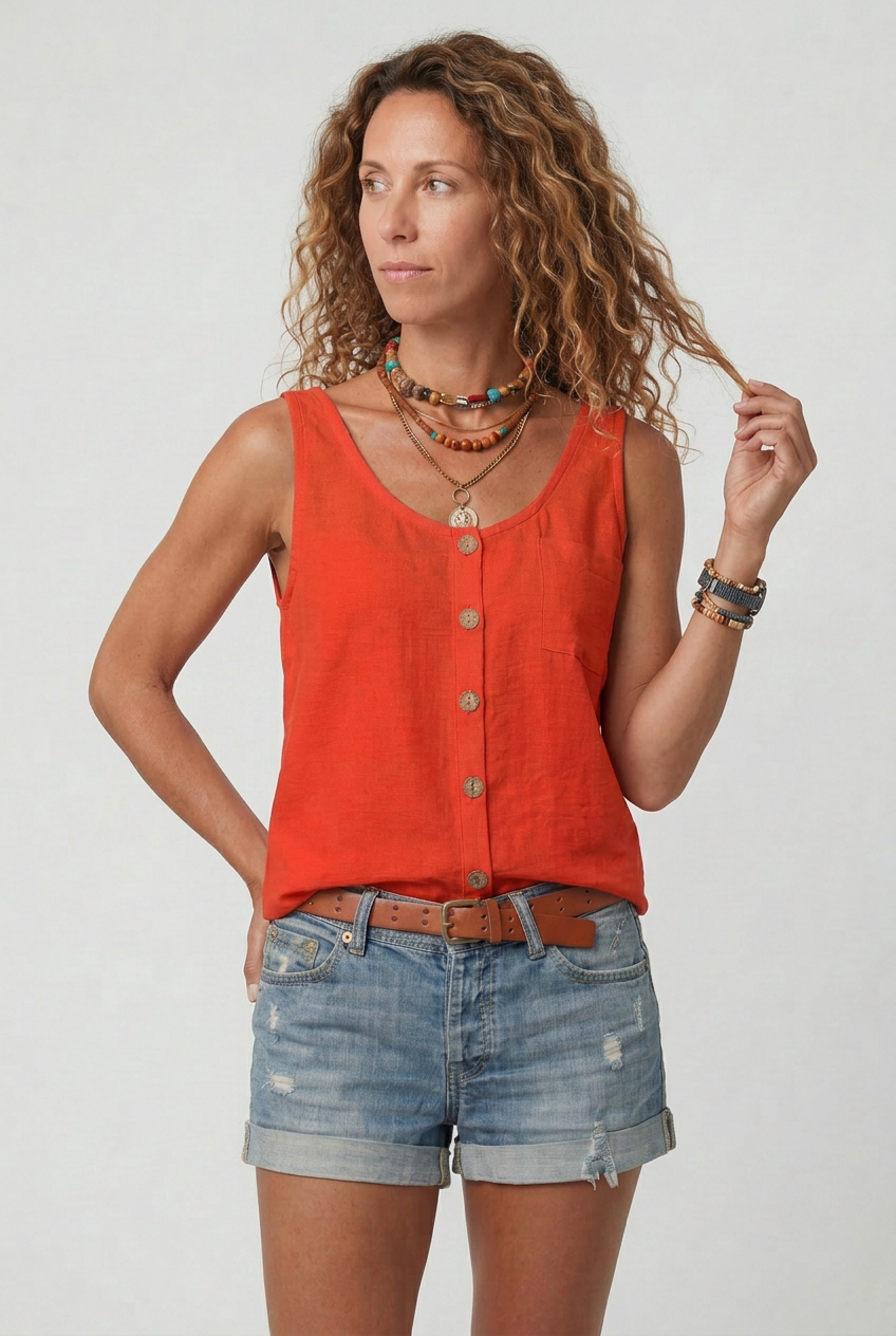 Sleeveless Tank Top Grey Linen-Blend Women's Button-Front with Pocket – Casual, Holiday