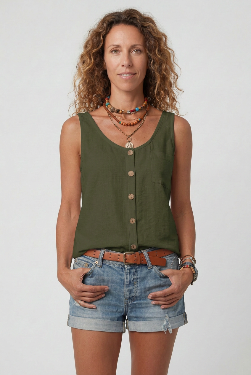 Sleeveless Tank Top Grey Linen-Blend Women's Button-Front with Pocket – Casual, Holiday