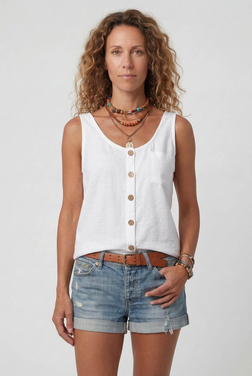 Sleeveless Tank Top Grey Linen-Blend Women's Button-Front with Pocket – Casual, Holiday