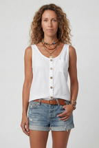 Sleeveless Tank Top Grey Linen-Blend Women's Button-Front with Pocket – Casual, Holiday