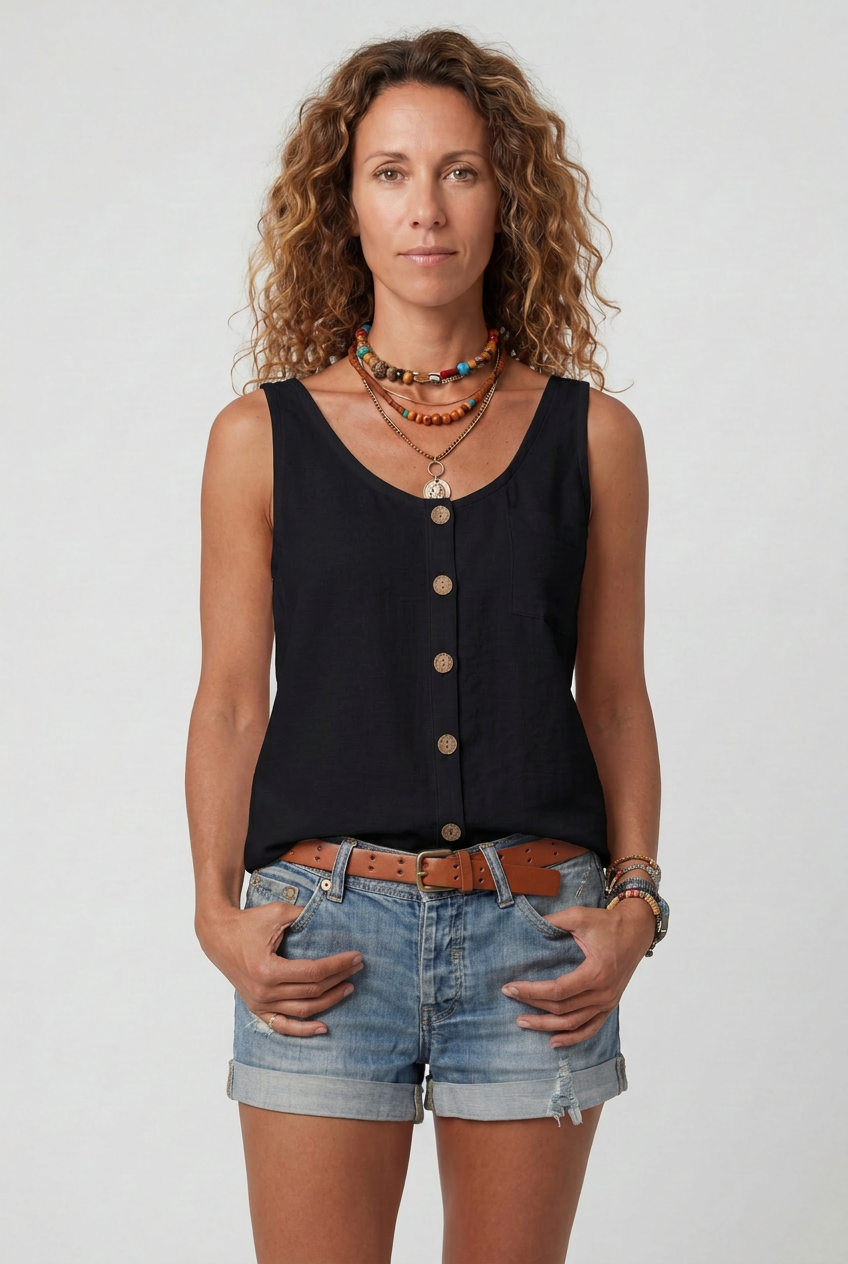 Sleeveless Tank Top Grey Linen-Blend Women's Button-Front with Pocket – Casual, Holiday