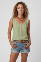 Sleeveless Tank Top Grey Linen-Blend Women's Button-Front with Pocket – Casual, Holiday