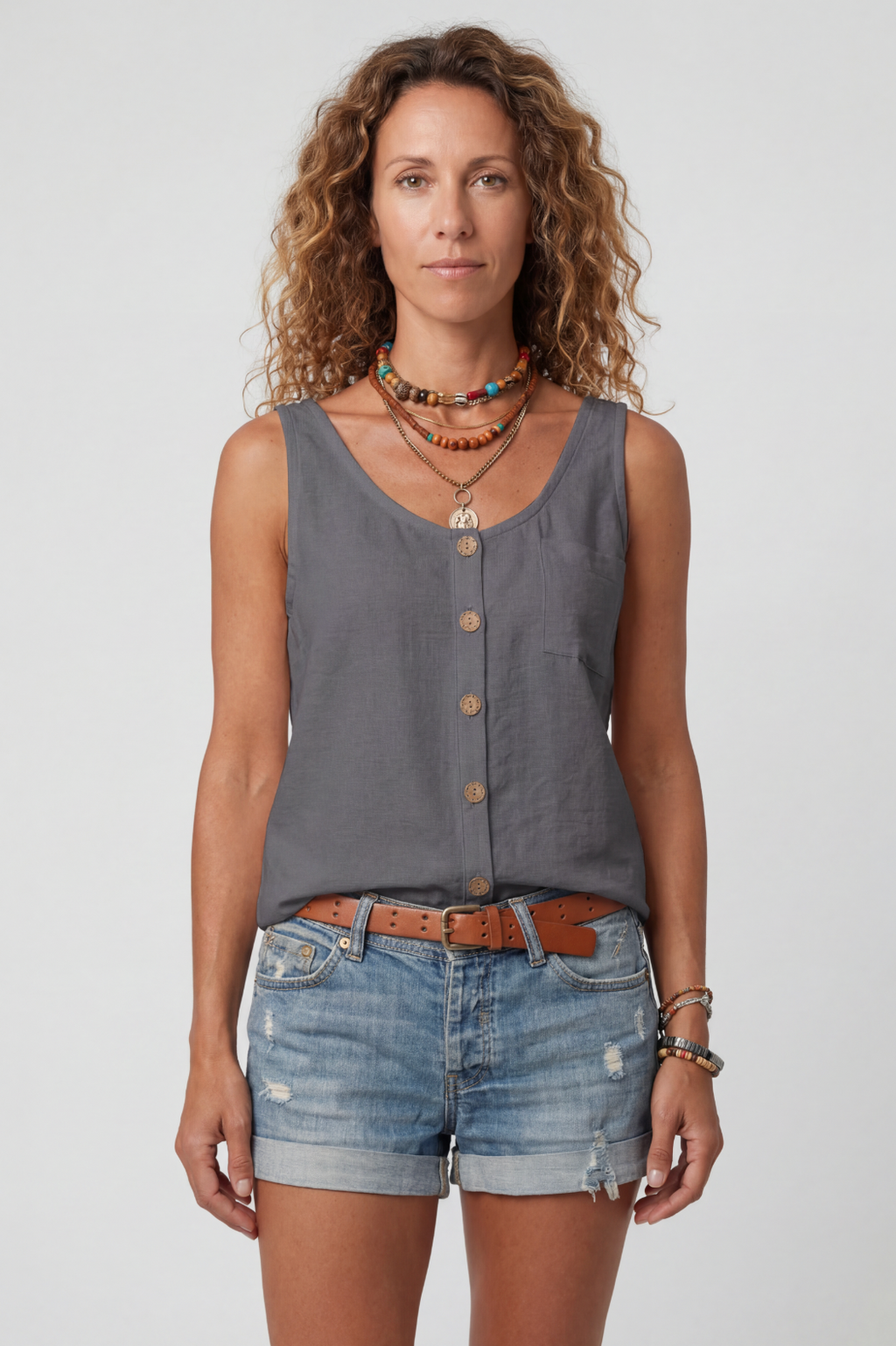 Sleeveless Tank Top Grey Linen-Blend Women's Button-Front with Pocket – Casual, Holiday