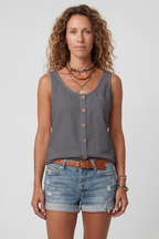 Sleeveless Tank Top Grey Linen-Blend Women's Button-Front with Pocket – Casual, Holiday