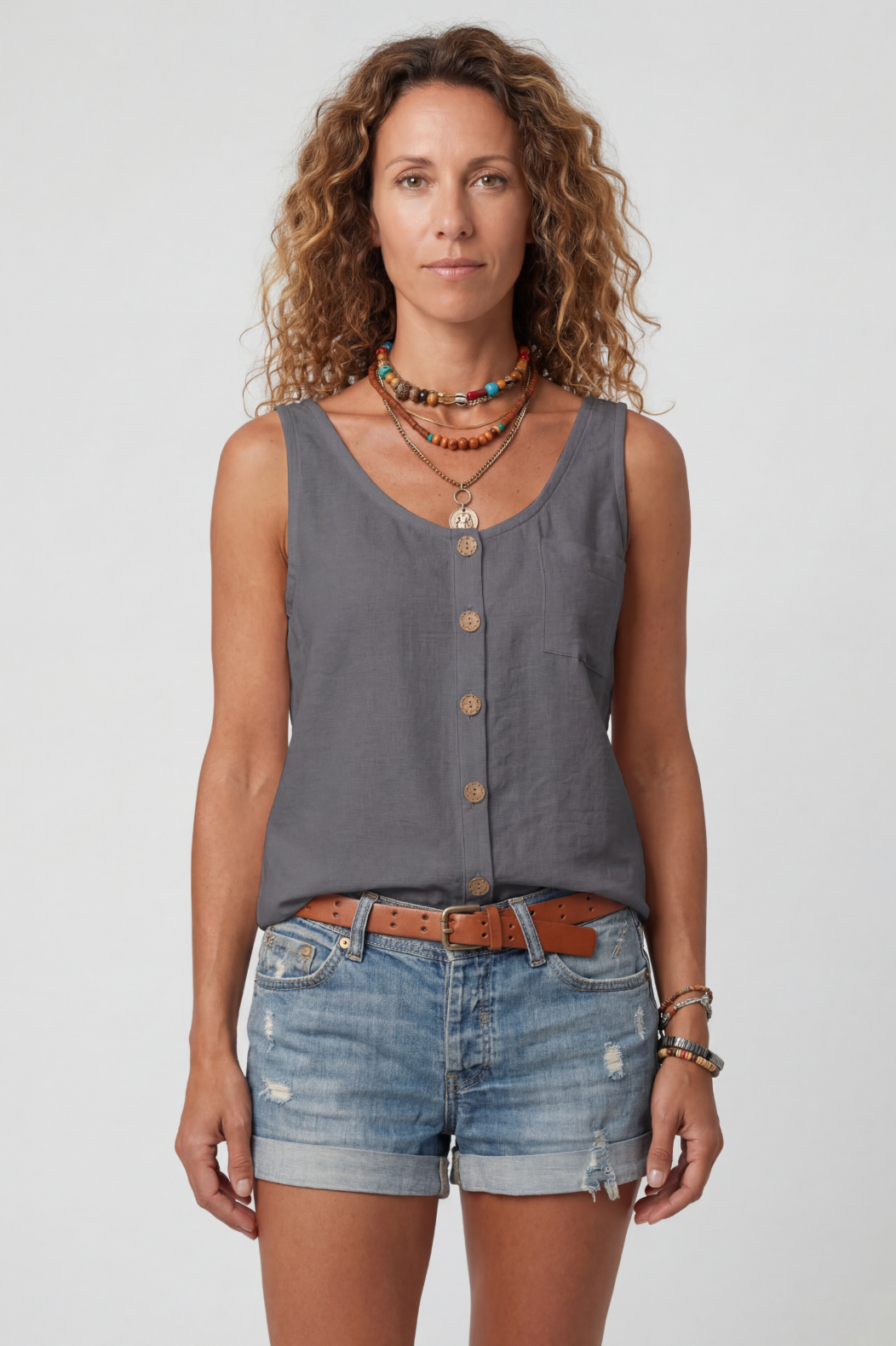 Sleeveless Tank Top Grey Linen-Blend Women's Button-Front with Pocket – Casual, Holiday