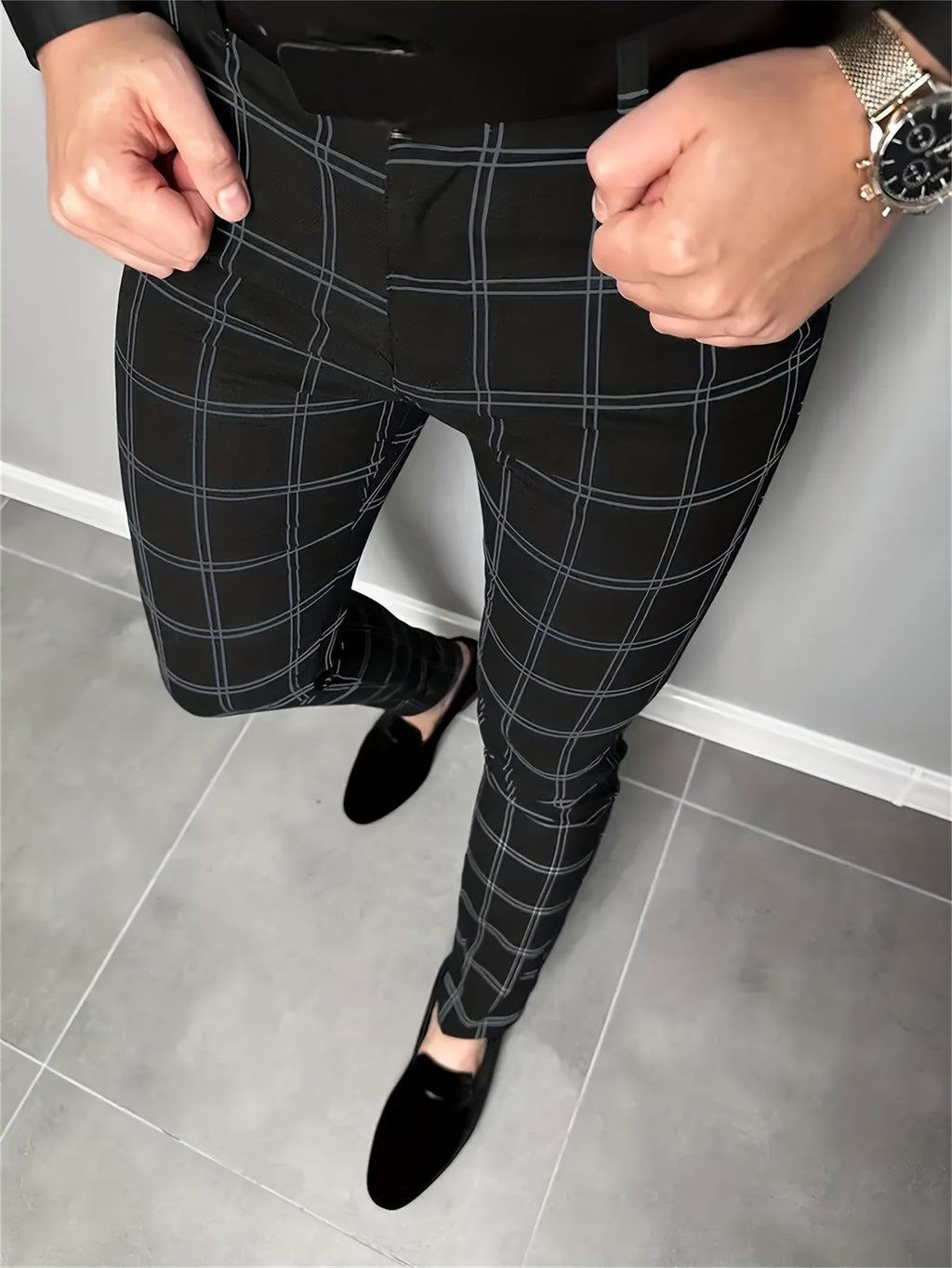 Slim-Fit Trousers Plaid Check Black Men's Skinny Chinos – Office, Casual, Smart Wear, Gift