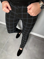Slim-Fit Trousers Plaid Check Black Men's Skinny Chinos – Office, Casual, Smart Wear, Gift