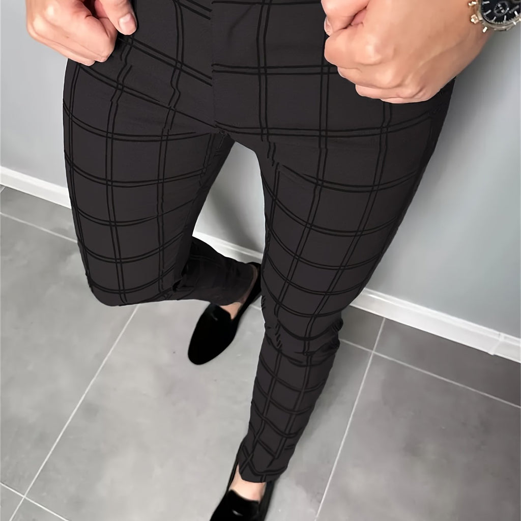 Slim-Fit Trousers Plaid Check Black Men's Skinny Chinos – Office, Casual, Smart Wear, Gift