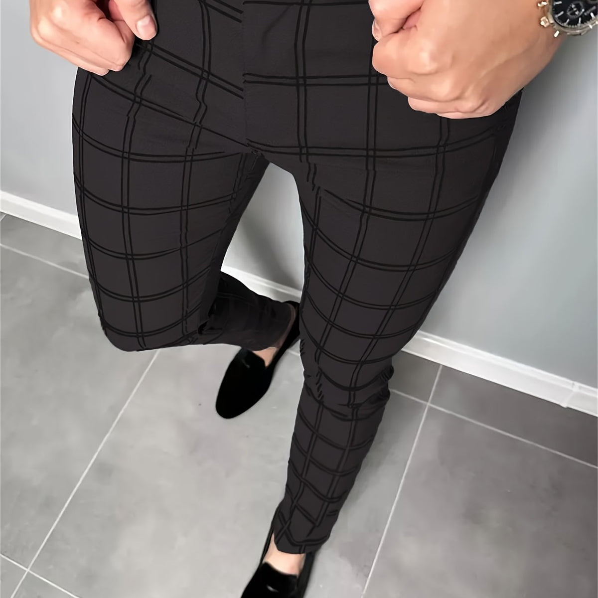Slim-Fit Trousers Plaid Check Black Men's Skinny Chinos – Office, Casual, Smart Wear, Gift