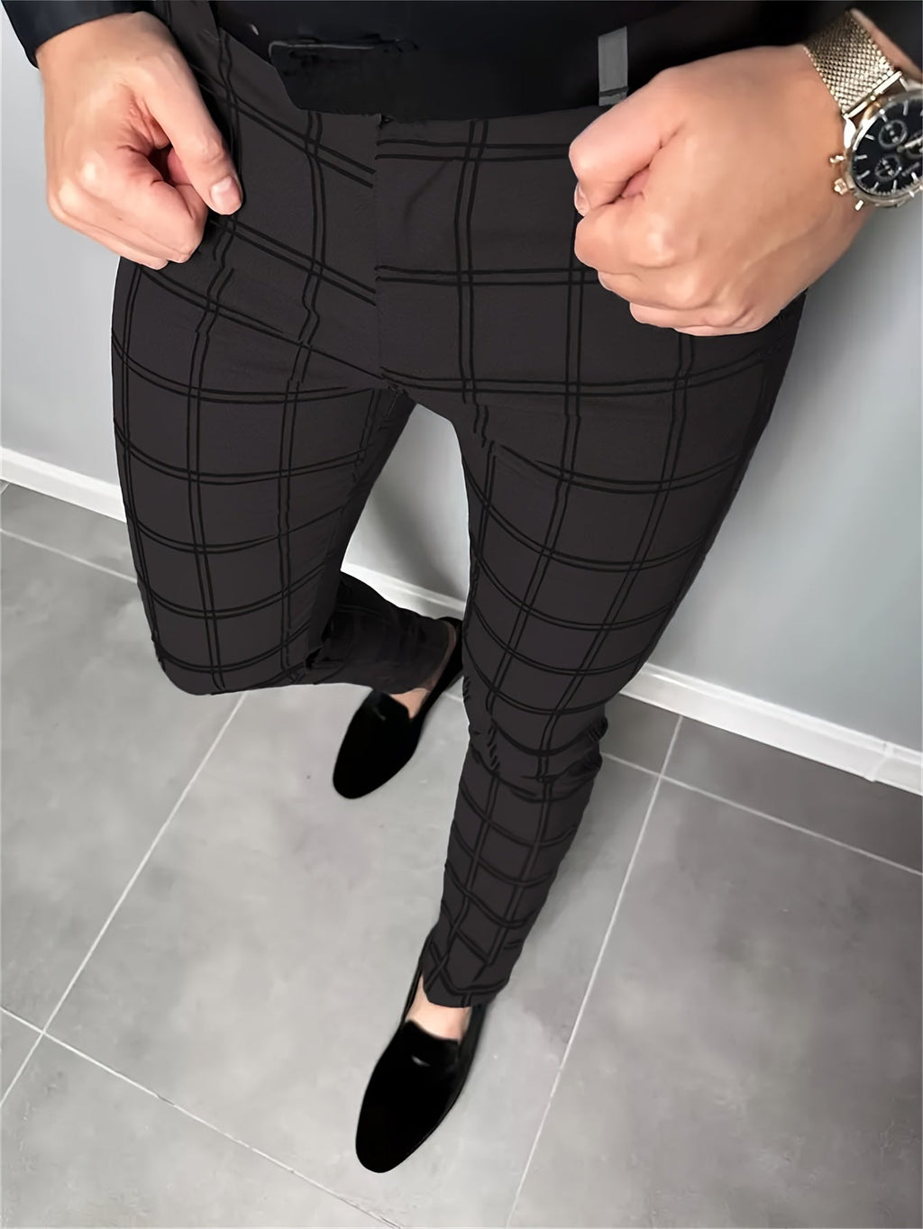 Slim-Fit Trousers Plaid Check Black Men's Skinny Chinos – Office, Casual, Smart Wear, Gift