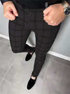 Slim-Fit Trousers Plaid Check Black Men's Skinny Chinos – Office, Casual, Smart Wear, Gift