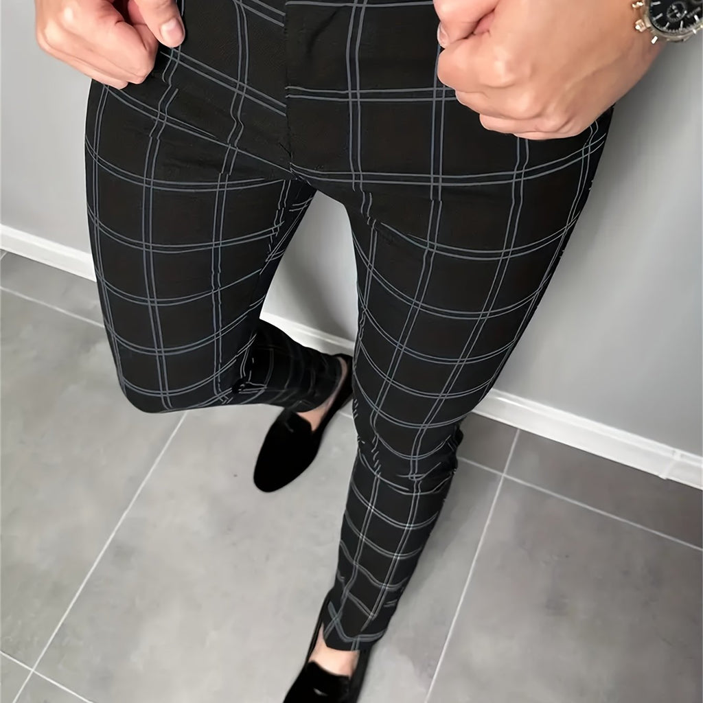 Slim-Fit Trousers Plaid Check Black Men's Skinny Chinos – Office, Casual, Smart Wear, Gift