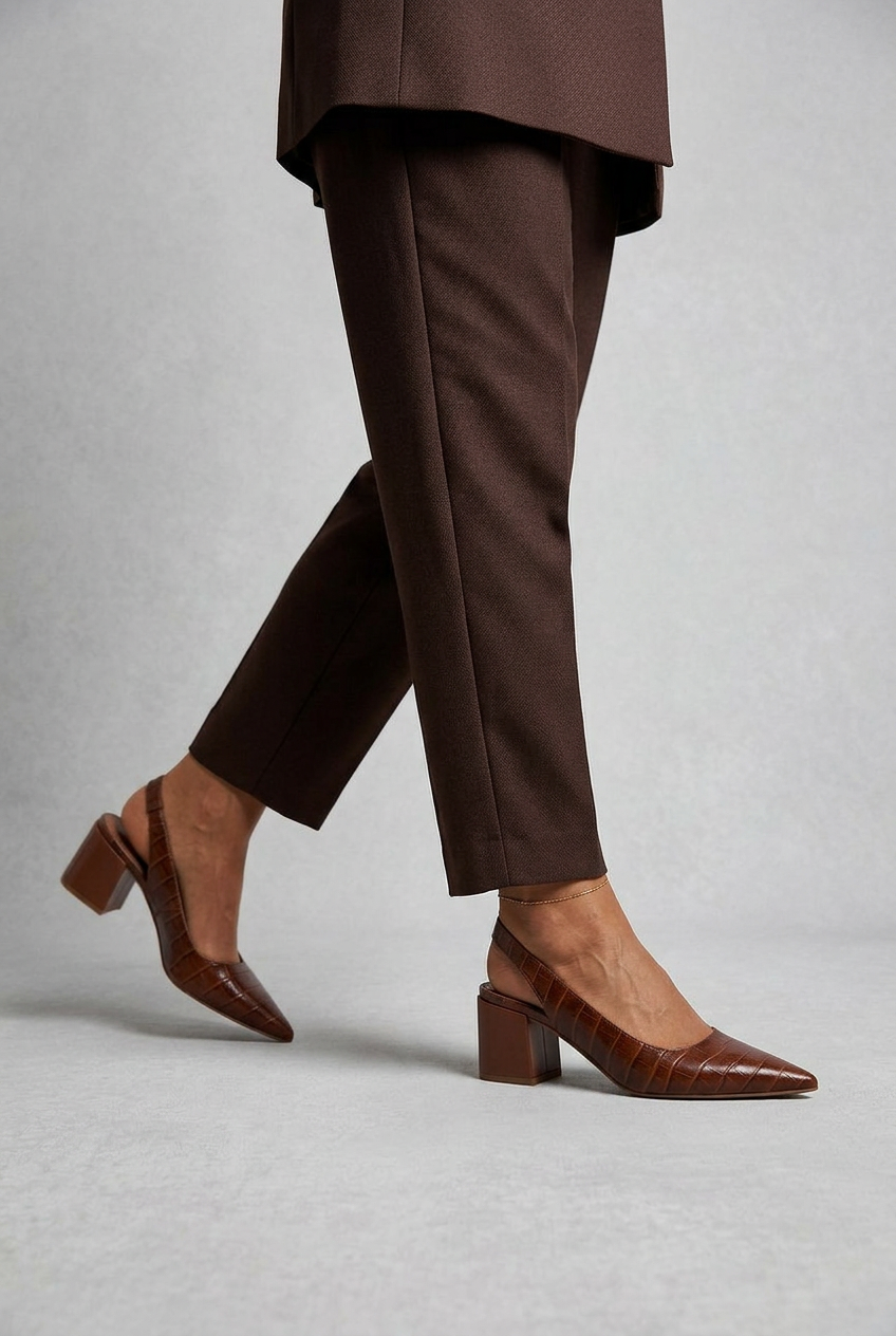 Slingback Heels Brown Croc-Effect Pointed-Toe Women's Block Heel – Office, Occasion, Everyday