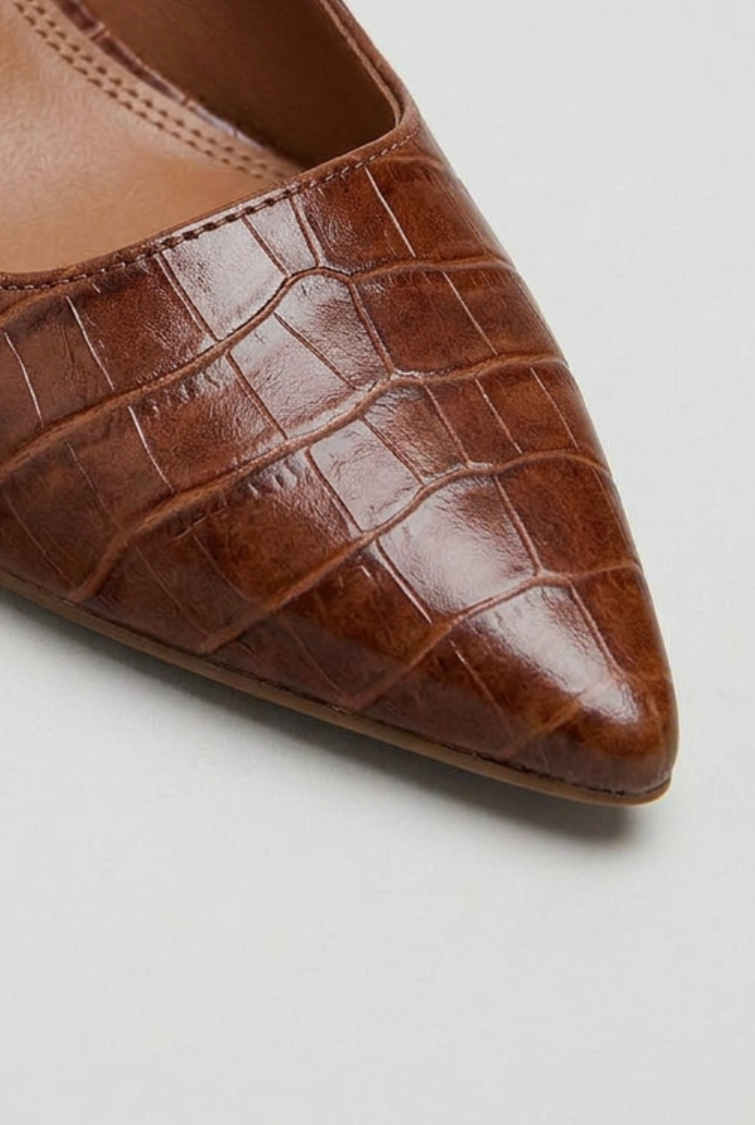 Slingback Heels Brown Croc-Effect Pointed-Toe Women's Block Heel – Office, Occasion, Everyday