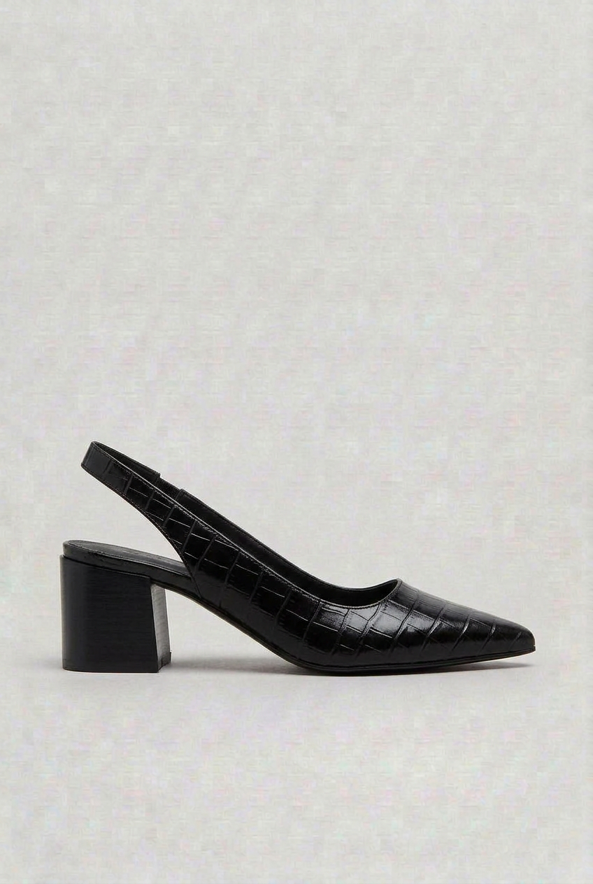Slingback Heels Brown Croc-Effect Pointed-Toe Women's Block Heel – Office, Occasion, Everyday
