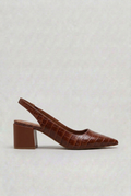 Slingback Heels Brown Croc-Effect Pointed-Toe Women's Block Heel – Office, Occasion, Everyday