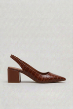 Slingback Heels Brown Croc-Effect Pointed-Toe Women's Block Heel – Office, Occasion, Everyday
