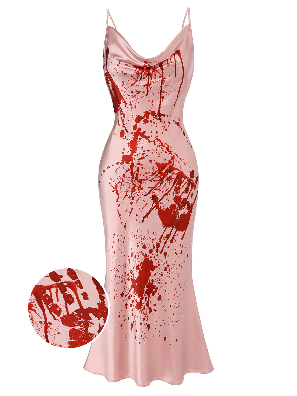 Slip Dress Blood Splatter Print Cowl Neck Women's Fishtail Maxi – Halloween, Costume, Party, Gift