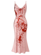 Slip Dress Blood Splatter Print Cowl Neck Women's Fishtail Maxi – Halloween, Costume, Party, Gift