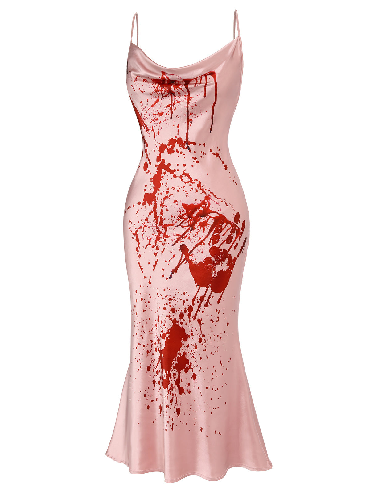Slip Dress Blood Splatter Print Cowl Neck Women's Fishtail Maxi – Halloween, Costume, Party, Gift