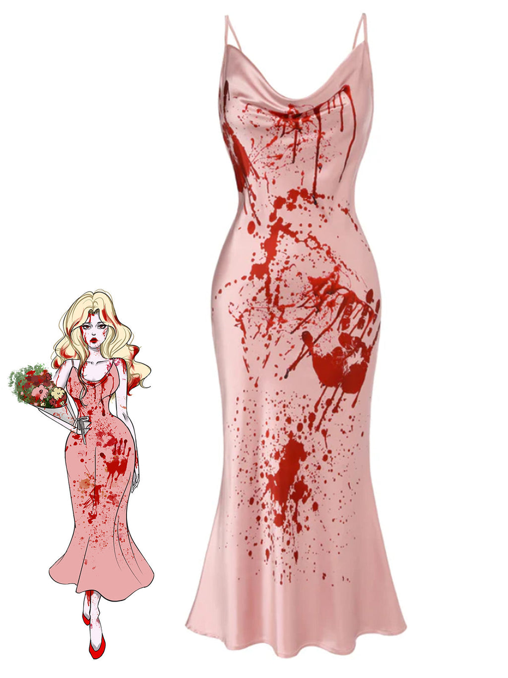 Slip Dress Blood Splatter Print Cowl Neck Women's Fishtail Maxi – Halloween, Costume, Party, Gift
