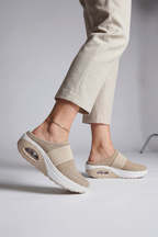 Slip-On Mule Trainers Beige Mesh Air Cushion Women's – Casual, Walking, Comfort Everyday Wear