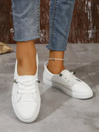 Slip-On Sneakers White Lace-Up Women's Flat Shoes Round Toe – Casual, Office, Holiday