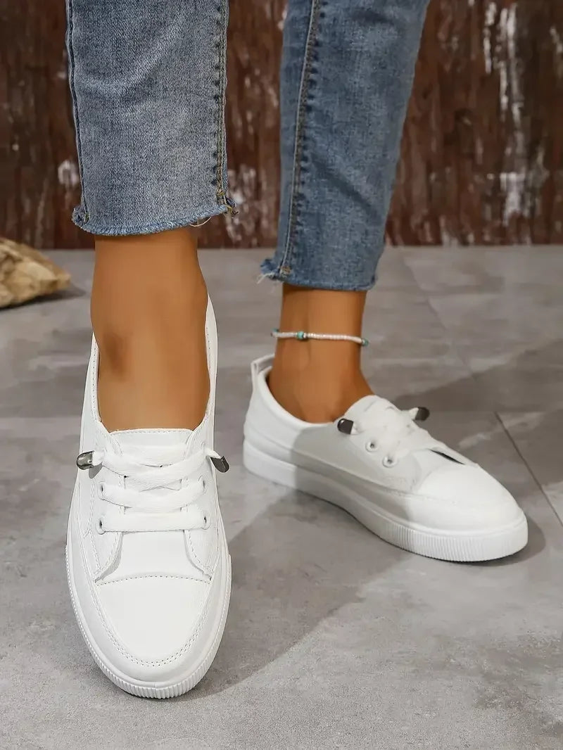 Slip-On Sneakers White Lace-Up Women's Flat Shoes Round Toe – Casual, Office, Holiday