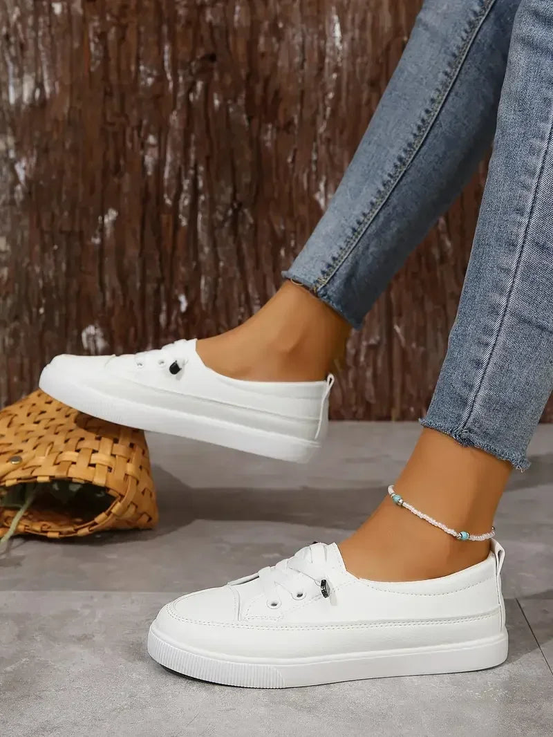 Slip-On Sneakers White Lace-Up Women's Flat Shoes Round Toe – Casual, Office, Holiday