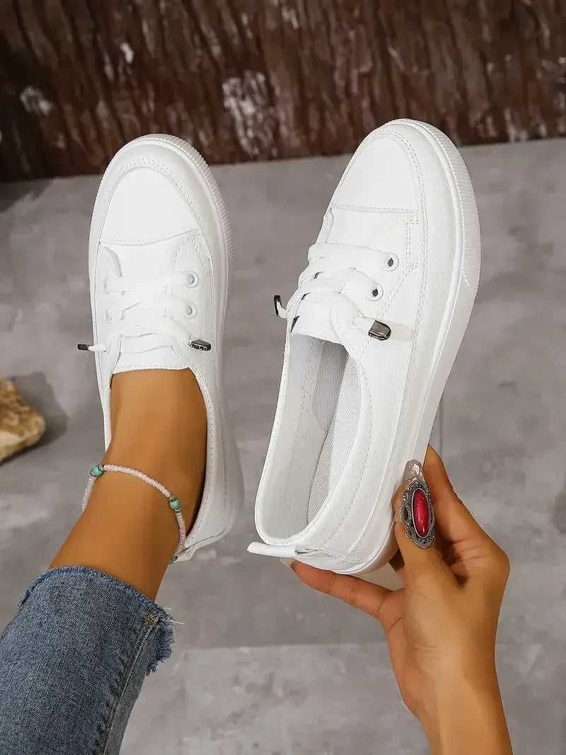 Slip-On Sneakers White Lace-Up Women's Flat Shoes Round Toe – Casual, Office, Holiday