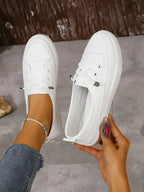 Slip-On Sneakers White Lace-Up Women's Flat Shoes Round Toe – Casual, Office, Holiday