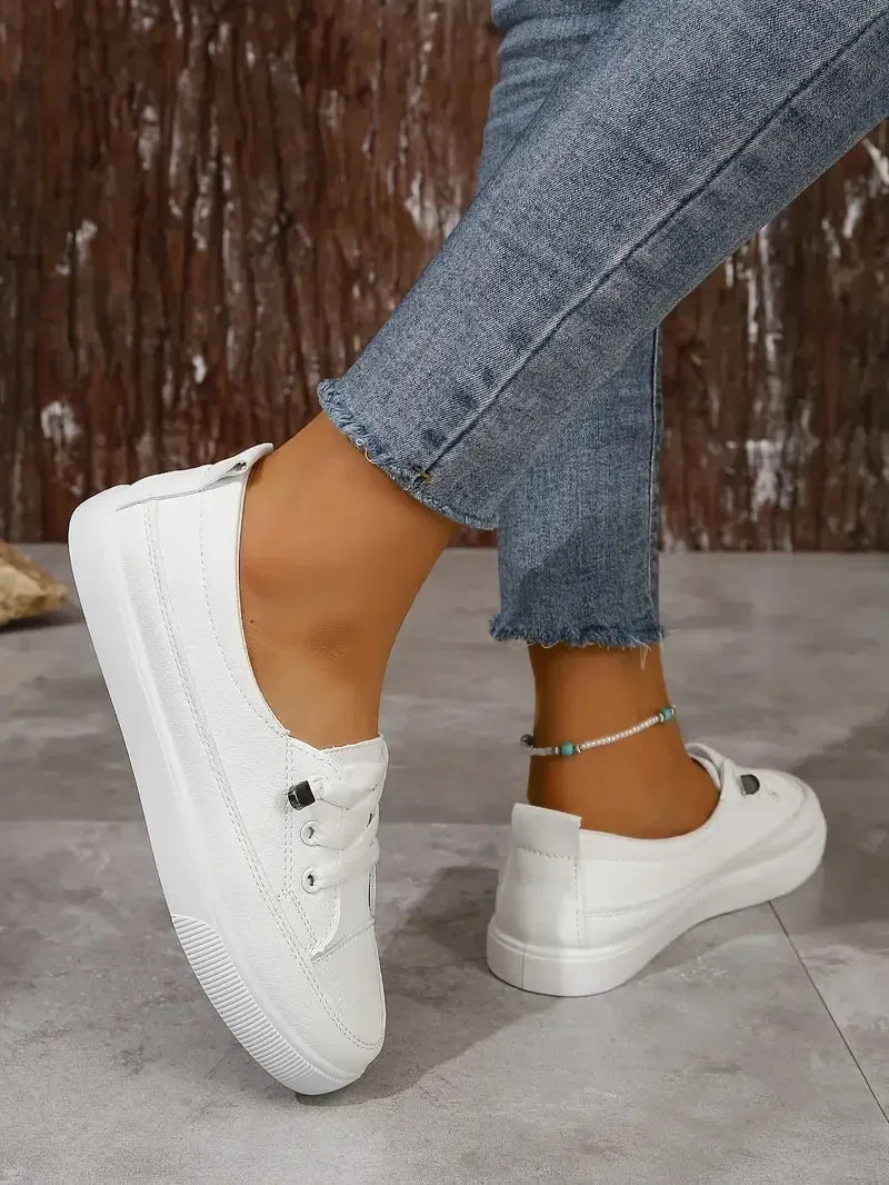 Slip-On Sneakers White Lace-Up Women's Flat Shoes Round Toe – Casual, Office, Holiday