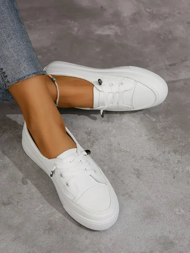 Slip-On Sneakers White Lace-Up Women's Flat Shoes Round Toe – Casual, Office, Holiday