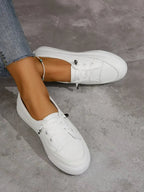 Slip-On Sneakers White Lace-Up Women's Flat Shoes Round Toe – Casual, Office, Holiday