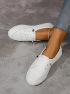 Slip-On Sneakers White Lace-Up Women's Flat Shoes Round Toe – Casual, Office, Holiday