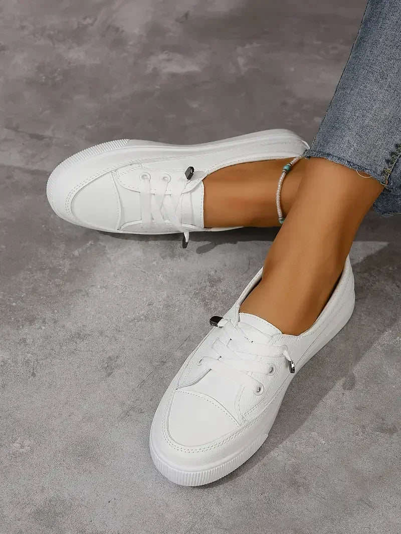 Slip-On Sneakers White Lace-Up Women's Flat Shoes Round Toe – Casual, Office, Holiday