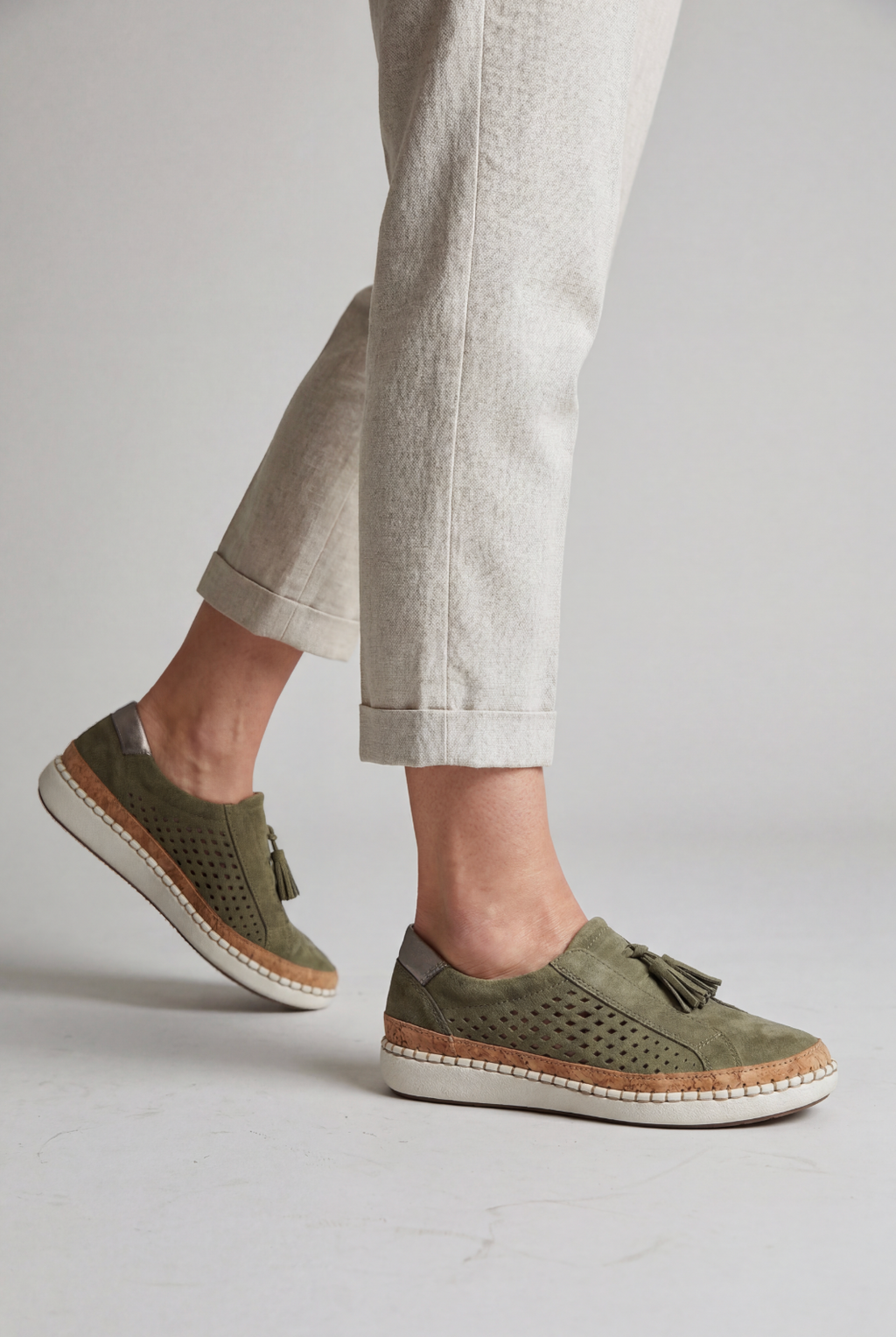 Slip-On Trainers Khaki Green Perforated Suede Women's – Casual, Everyday Comfort