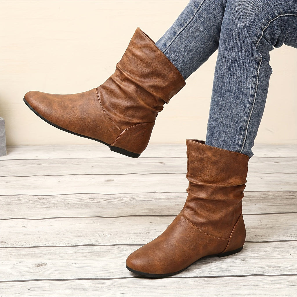 Slouch Ankle Boots Faux Leather Brown Women's Flat Slip-On – Casual, Office, Holiday, Gift
