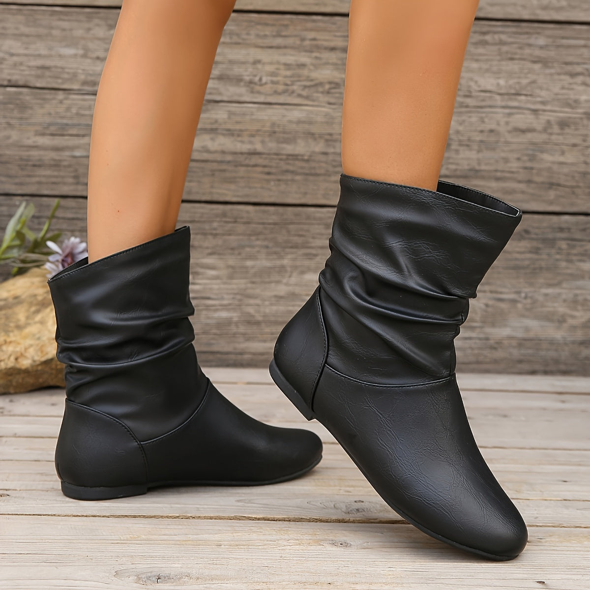 Slouch Ankle Boots Faux Leather Brown Women's Flat Slip-On – Casual, Office, Holiday, Gift