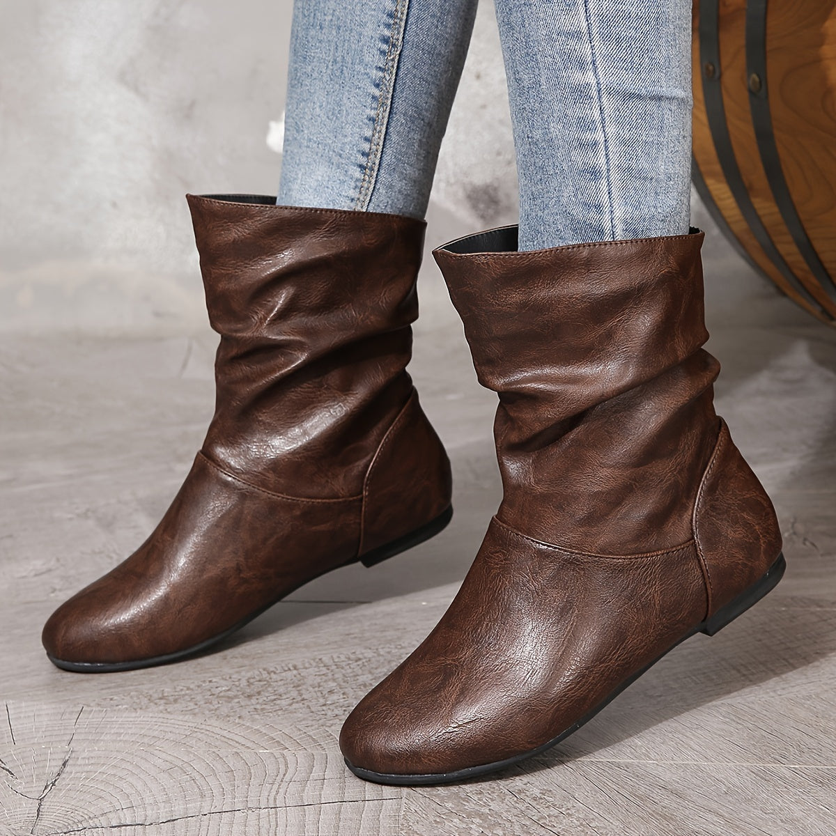 Slouch Ankle Boots Faux Leather Brown Women's Flat Slip-On – Casual, Office, Holiday, Gift