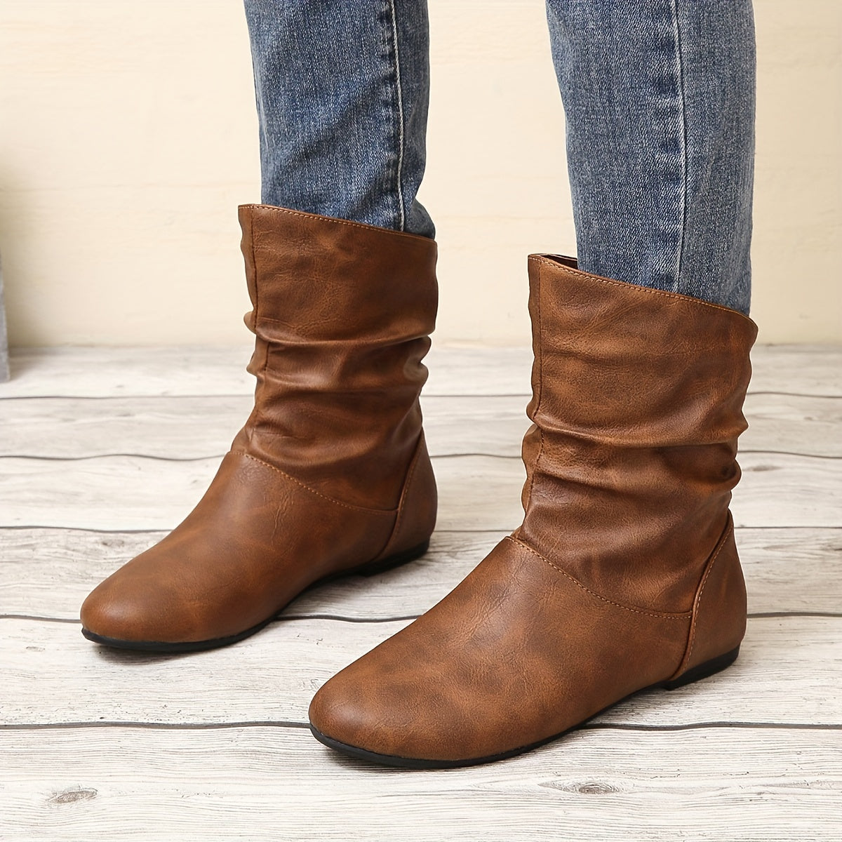 Slouch Ankle Boots Faux Leather Brown Women's Flat Slip-On – Casual, Office, Holiday, Gift