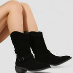 Slouch Boots Suede Beige Women's Mid-Calf Block Heel with Side Zip – Casual, Office, Holiday, Gift