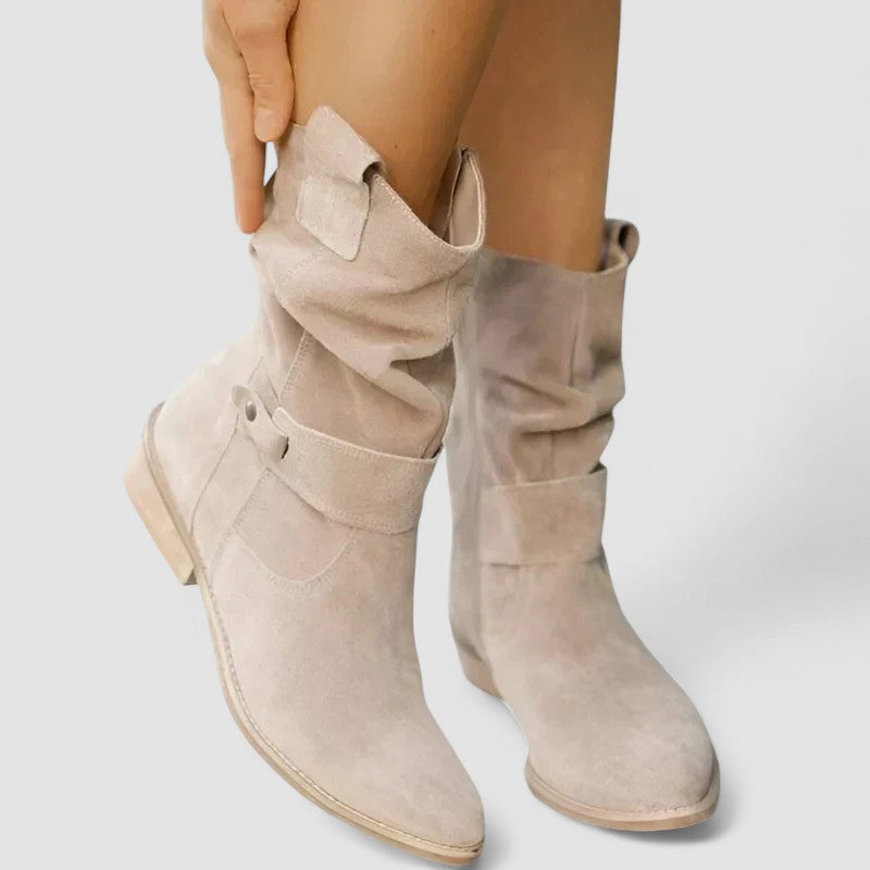 Slouch Boots Suede Beige Women's Mid-Calf Block Heel with Side Zip – Casual, Office, Holiday, Gift
