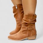 Slouch Boots Suede Beige Women's Mid-Calf Block Heel with Side Zip – Casual, Office, Holiday, Gift