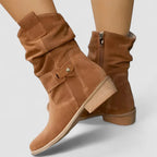 Slouch Boots Suede Beige Women's Mid-Calf Block Heel with Side Zip – Casual, Office, Holiday, Gift