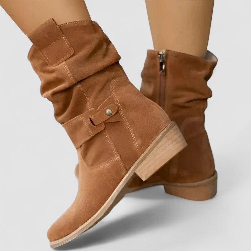 Slouch Boots Suede Beige Women's Mid-Calf Block Heel with Side Zip – Casual, Office, Holiday, Gift