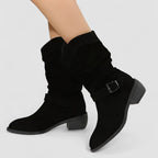Slouch Boots Suede Beige Women's Mid-Calf Block Heel with Side Zip – Casual, Office, Holiday, Gift