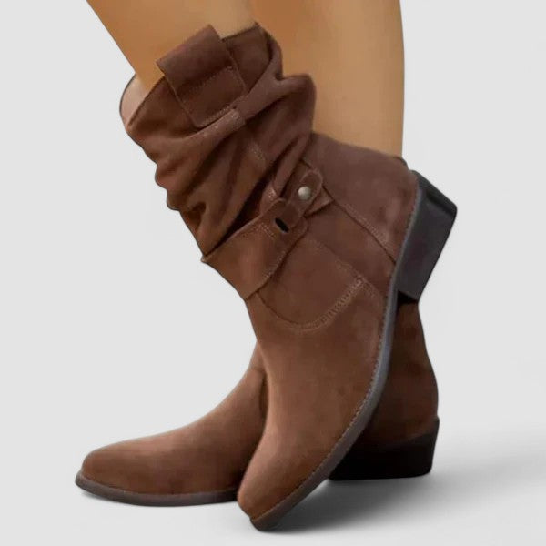 Slouch Boots Suede Beige Women's Mid-Calf Block Heel with Side Zip – Casual, Office, Holiday, Gift