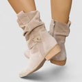 Slouch Boots Suede Beige Women's Mid-Calf Block Heel with Side Zip – Casual, Office, Holiday, Gift