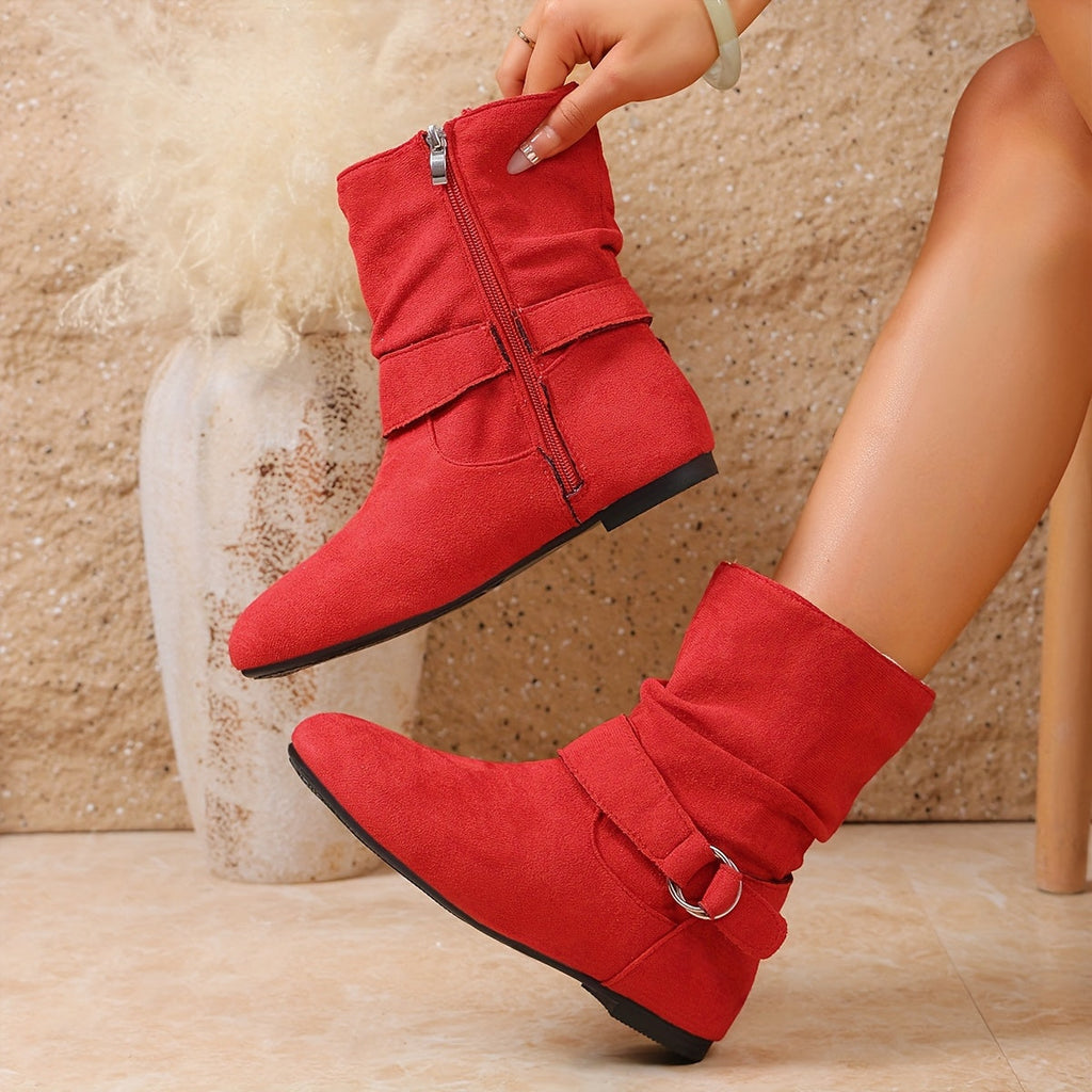 Slouch Boots Suede Black Women's Buckle Flat Mid-Calf – Casual, Autumn Everyday Wear